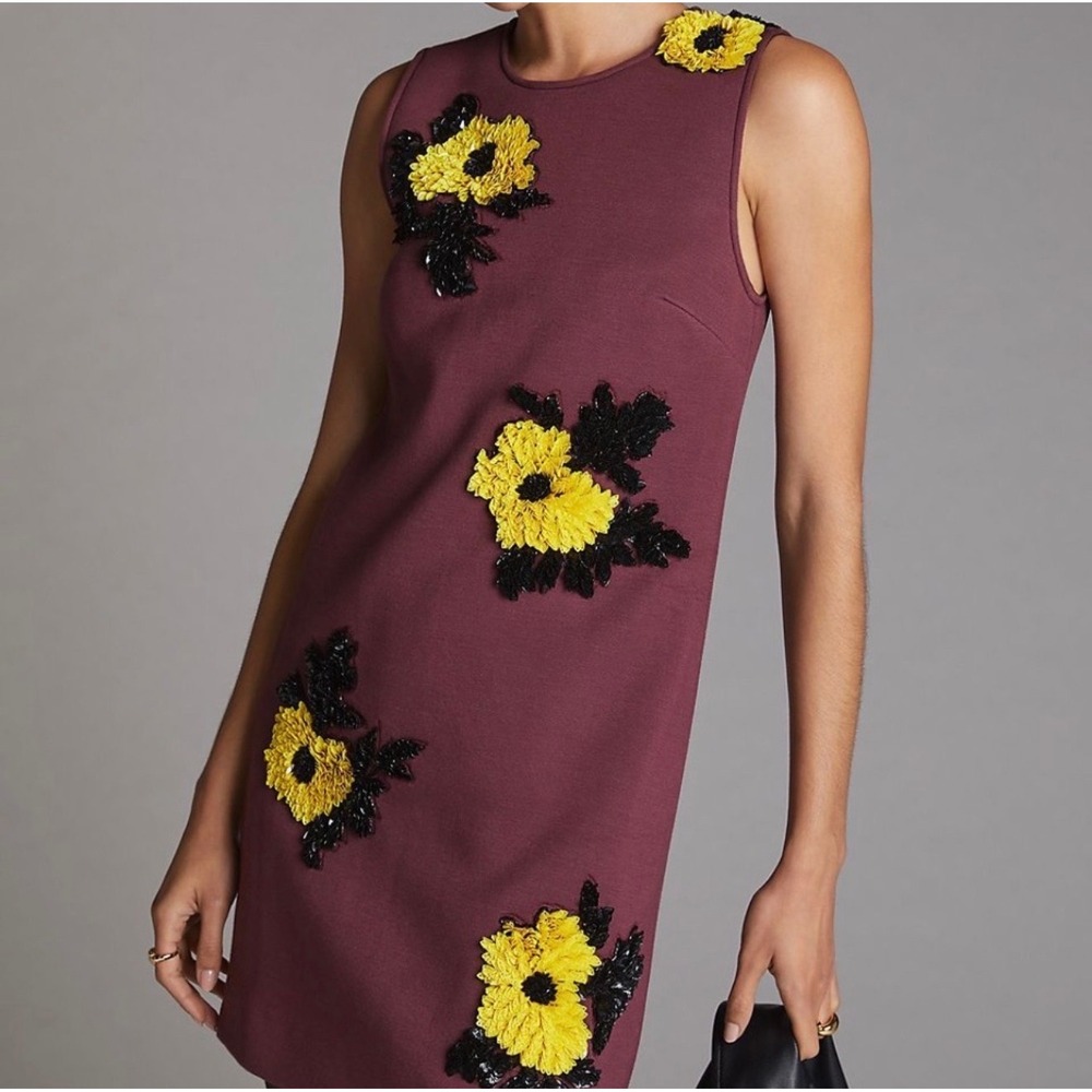 Dhruv Kapoor Anthropologie Floral Sequin Shift Dress Burgundy XS‎ Statement Mini
